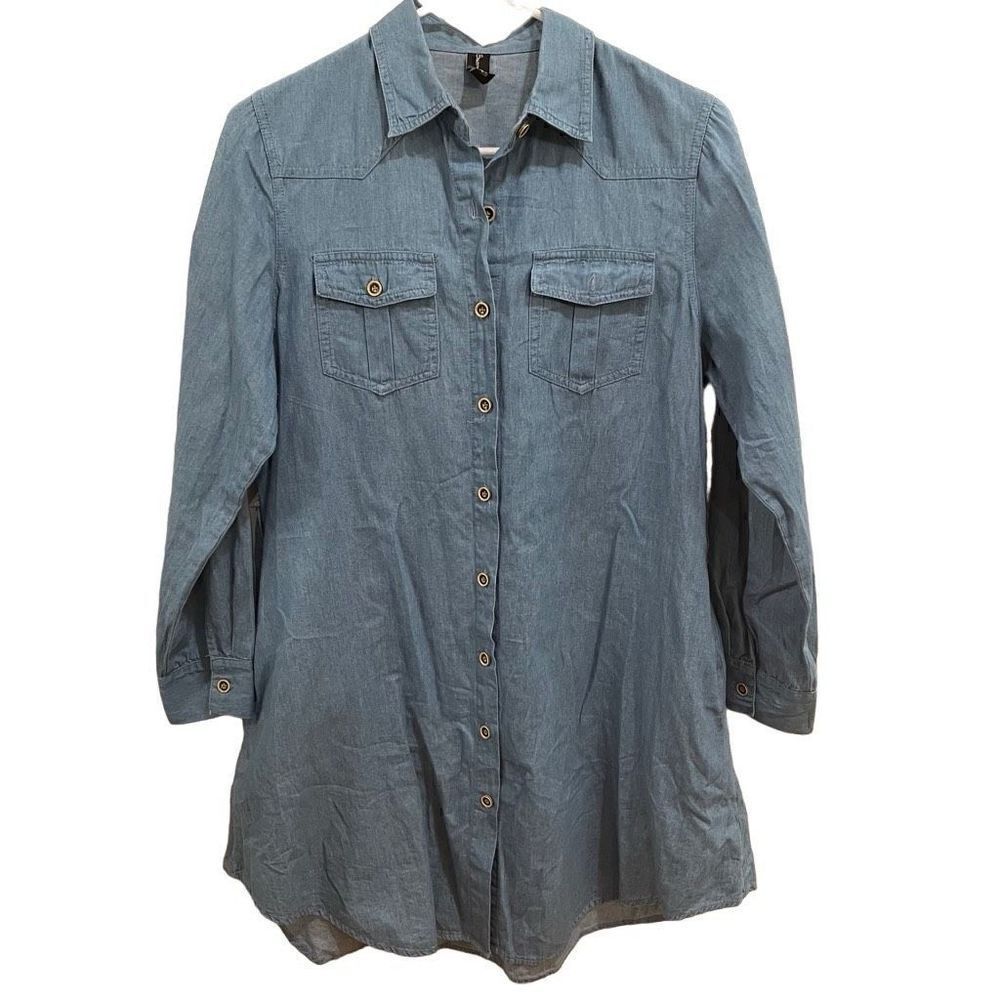 Sacred Threads Dress Womens S/M Chambray Button Up Shirt Hem Roll Tab Sleeves
